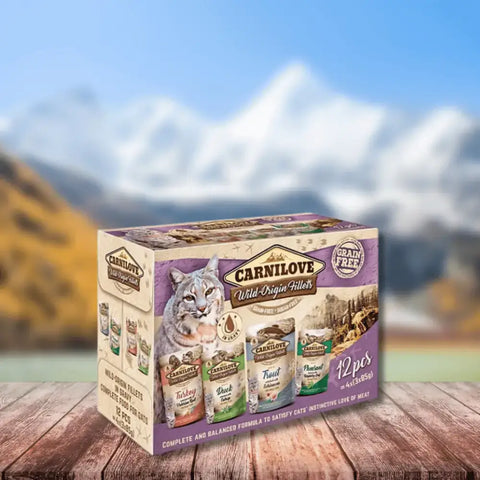 Carnilove Cat Pouch Multipack 12 x 85g box with mountain backdrop
