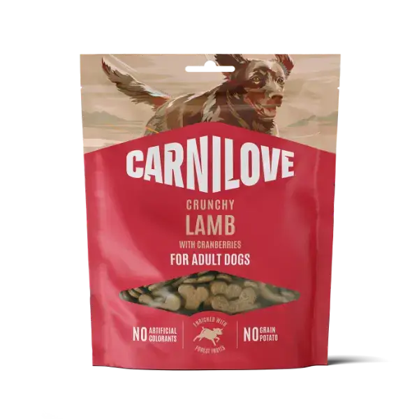 Carnilove crunchy lamb with cranberries dog food package on a white background