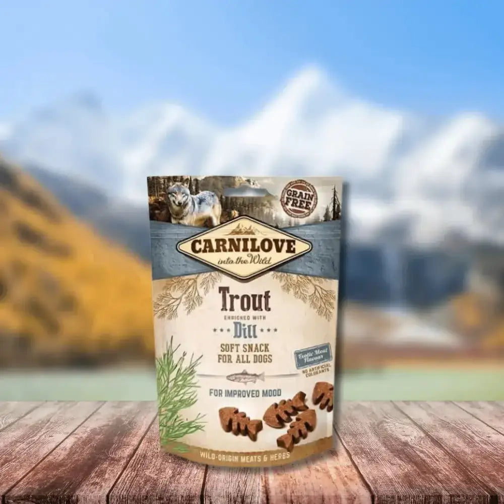 Carnilove Trout with Dill semi-moist snack for dogs featuring exotic meat flavor and grain-free recipe