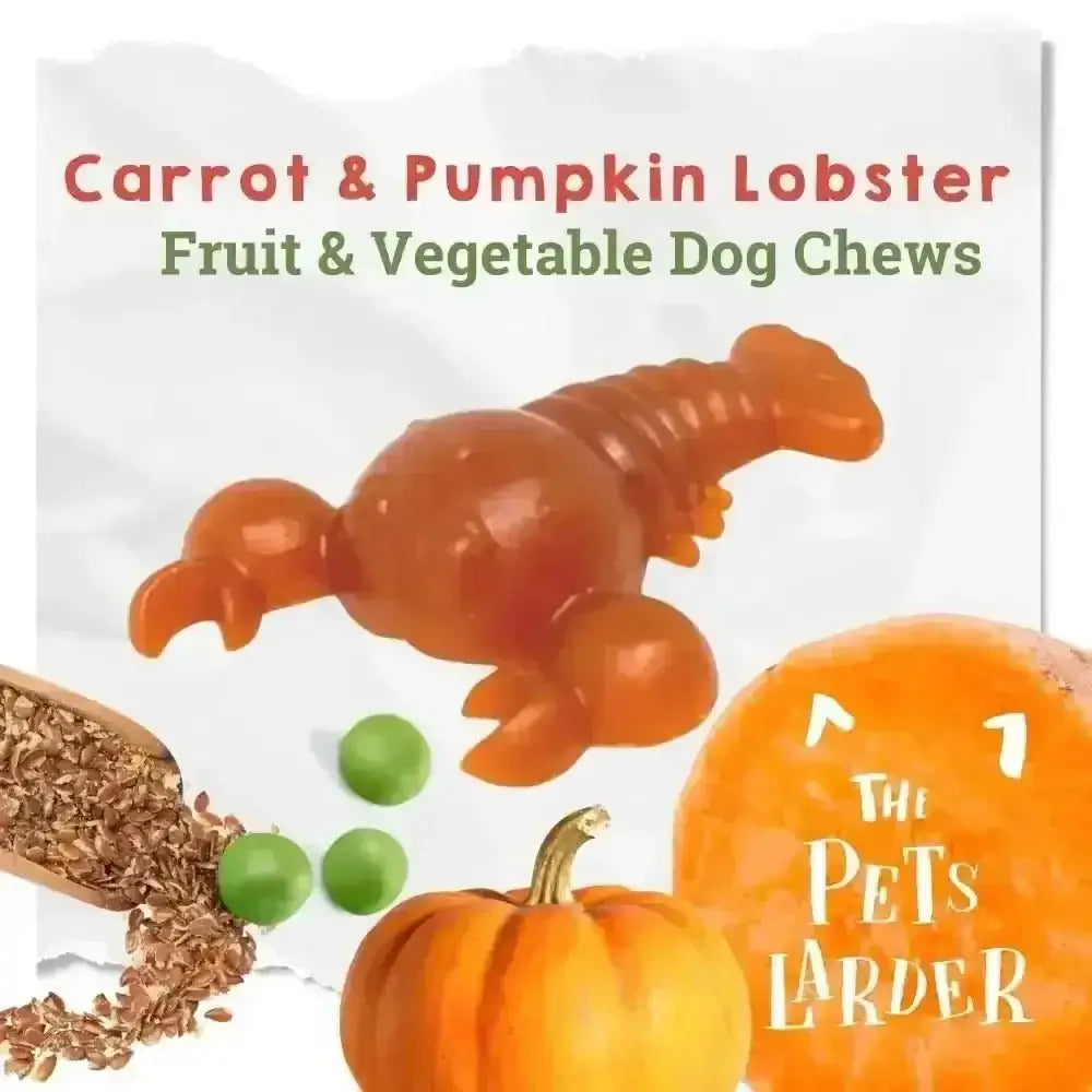 Orange translucent Carrot and Pumpkin Lobster Chew with green peas for dogs