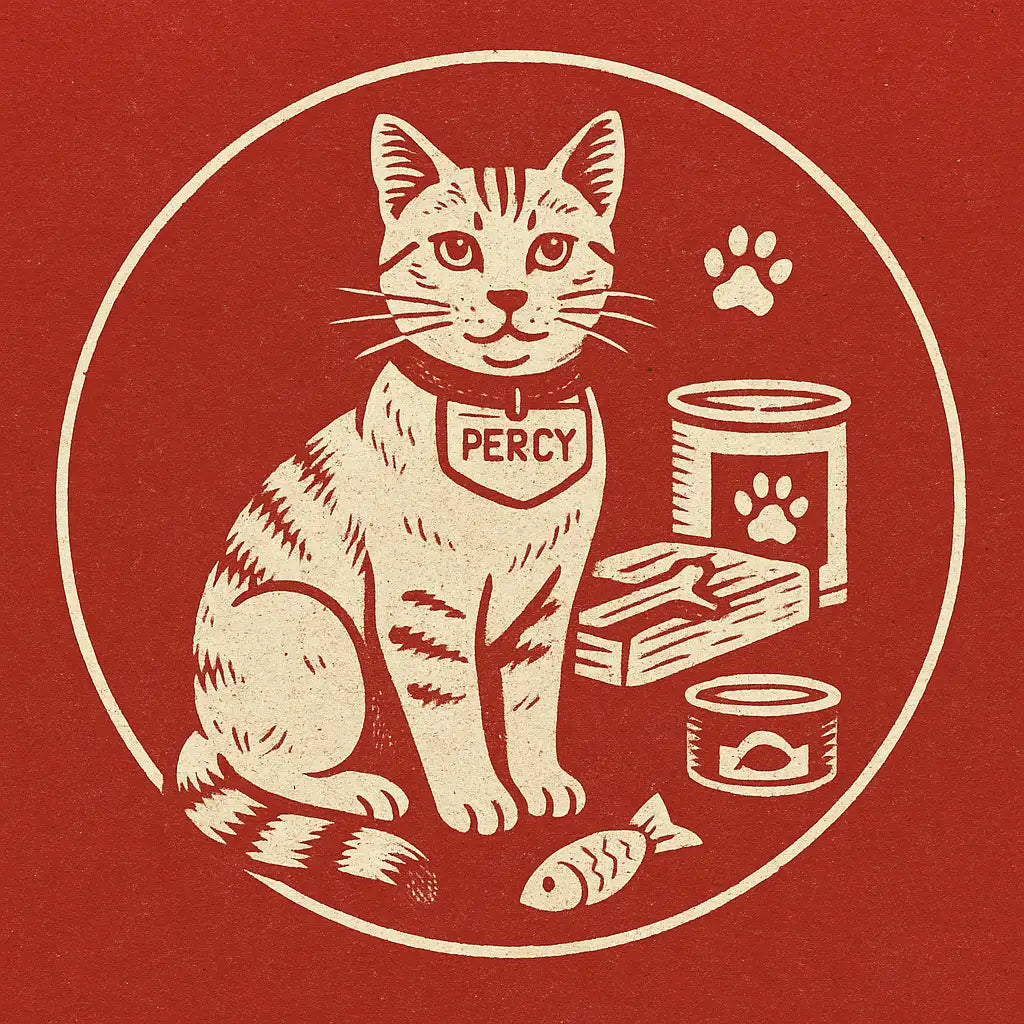 Cat food tin canister with paw prints and fish illustration on red background.