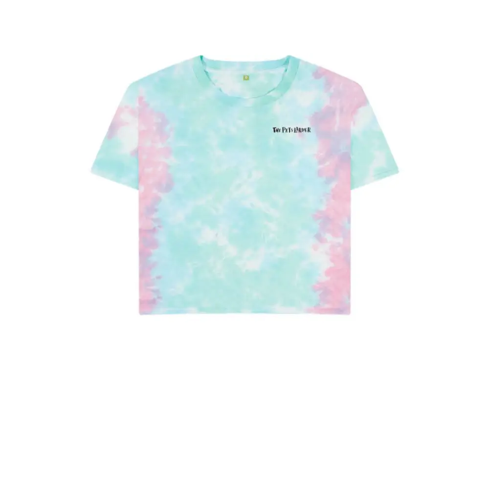 Certified organic cotton boxy tee in pastel tie-dye with be tri-blend text