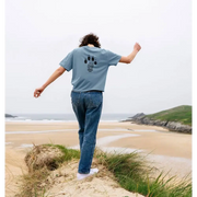 Certified organic cotton boxy tee with blue denim jeans