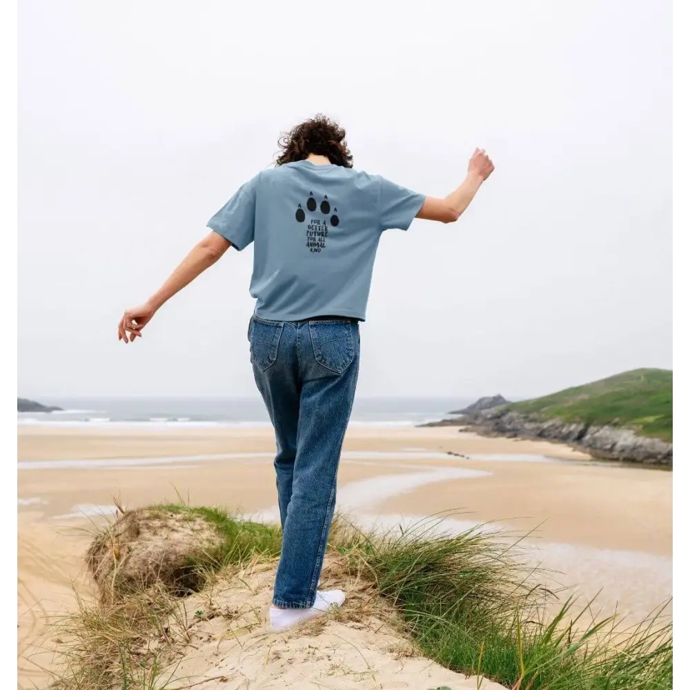 Certified organic cotton boxy tee with blue denim jeans