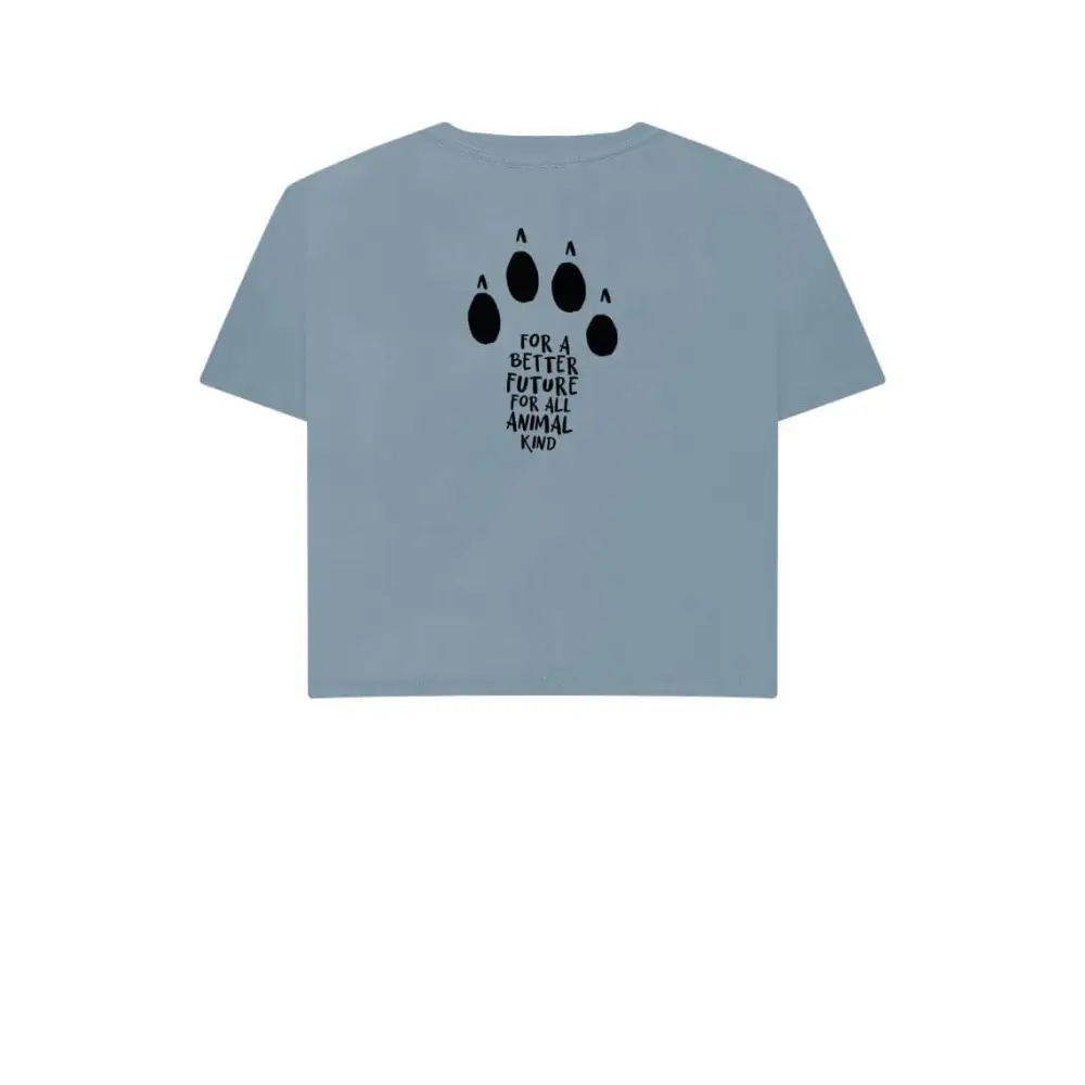 Light blue certified organic cotton boxy tee with paw print and animals worldwide slogan
