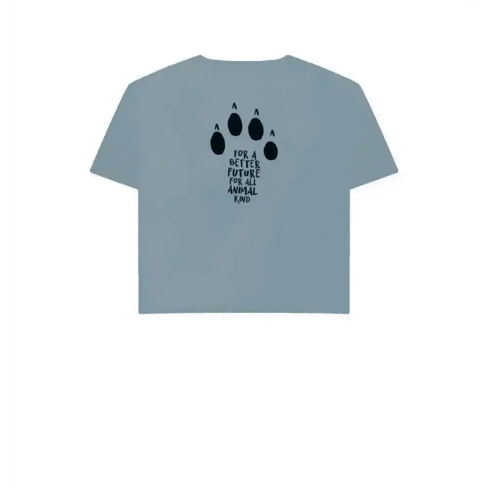 Light blue certified organic cotton boxy tee with paw print and animals worldwide slogan