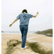 Certified organic cotton boxy tee with blue denim jeans