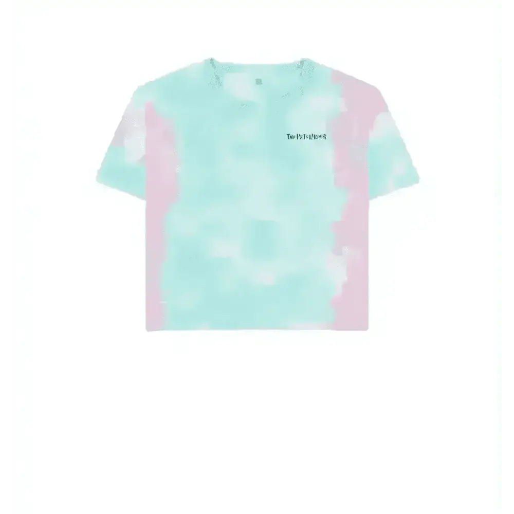 Certified organic cotton boxy tee in pastel tie-dye with be tri-blend text
