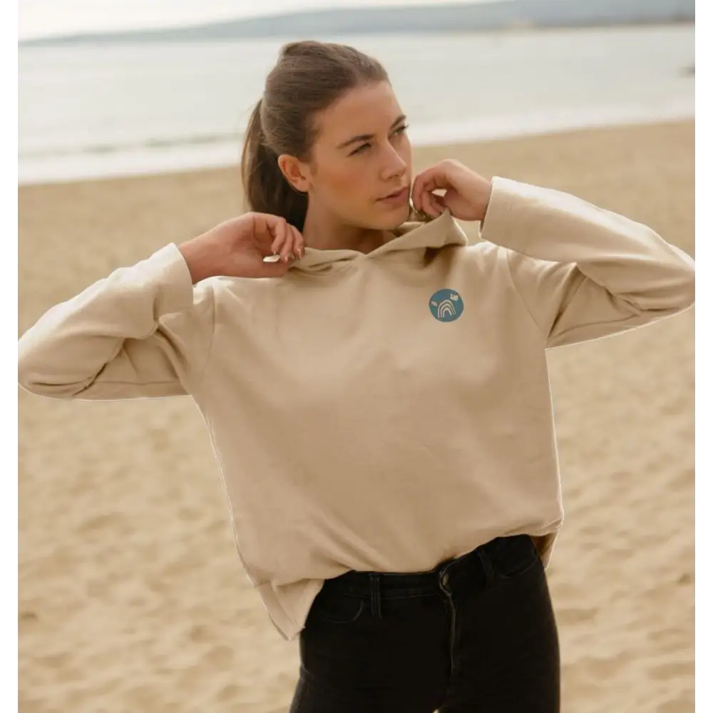 Certified Organic Cotton Beige Hoody with Blue Logo and Black Pants