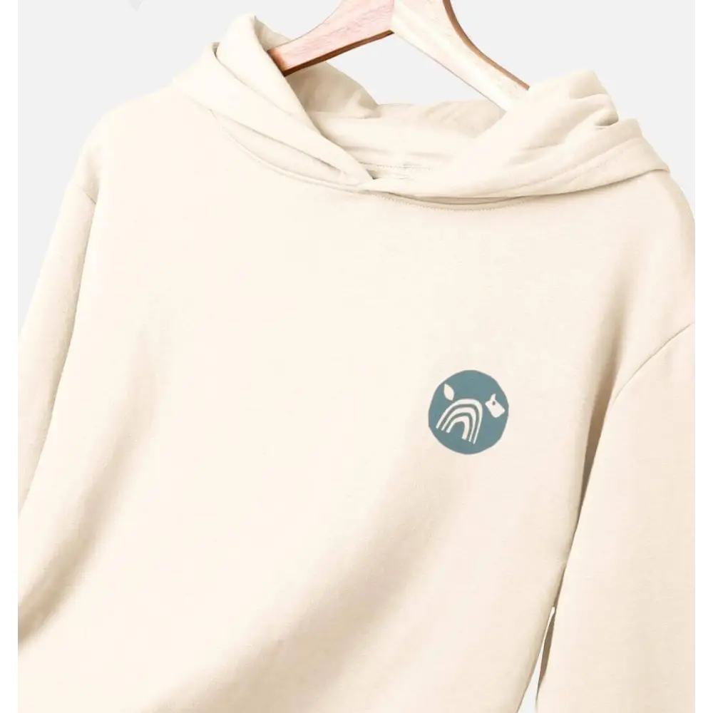 Certified organic cotton Natural Cornish Pet Hoody with cream hoodie and teal rainbow chest design