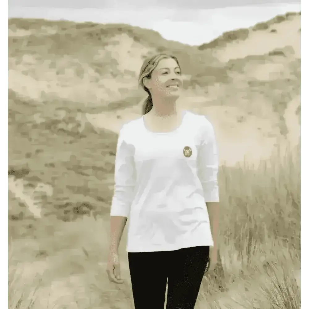 Women’s certified organic cotton Natural Cornish Pet T-shirt with white long-sleeved design and circular chest logo