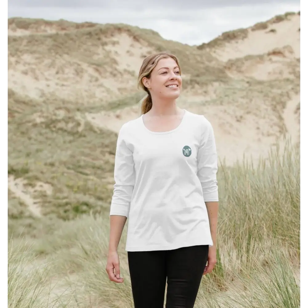 Women’s certified organic cotton Natural Cornish Pet T-shirt with white long-sleeved design and circular chest logo