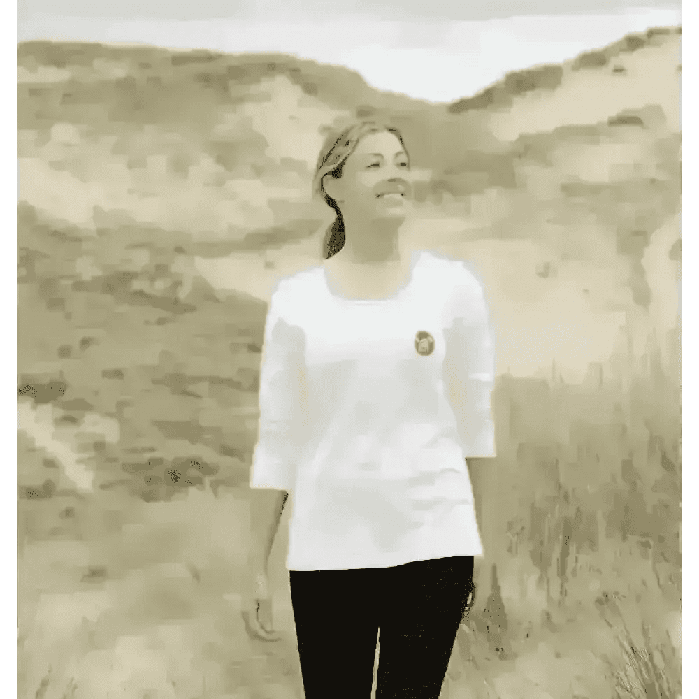 Women’s certified organic cotton Natural Cornish Pet T-shirt with white long-sleeved design and circular chest logo