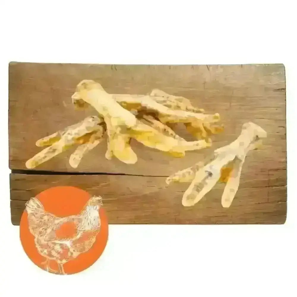 Chicken feet natural dog chew in 1kg bag on wooden crate