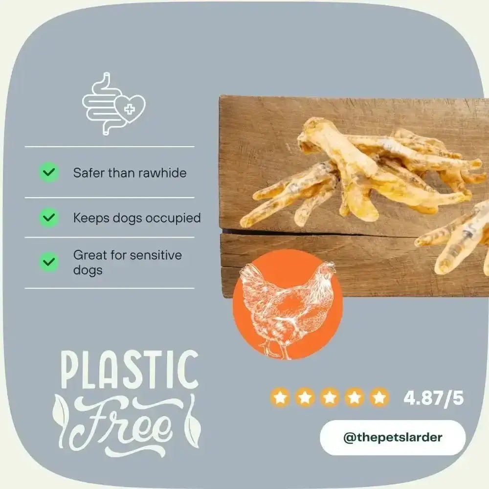 Plastic-free chicken feet treats for dogs with an orange label and 4.87 star rating
