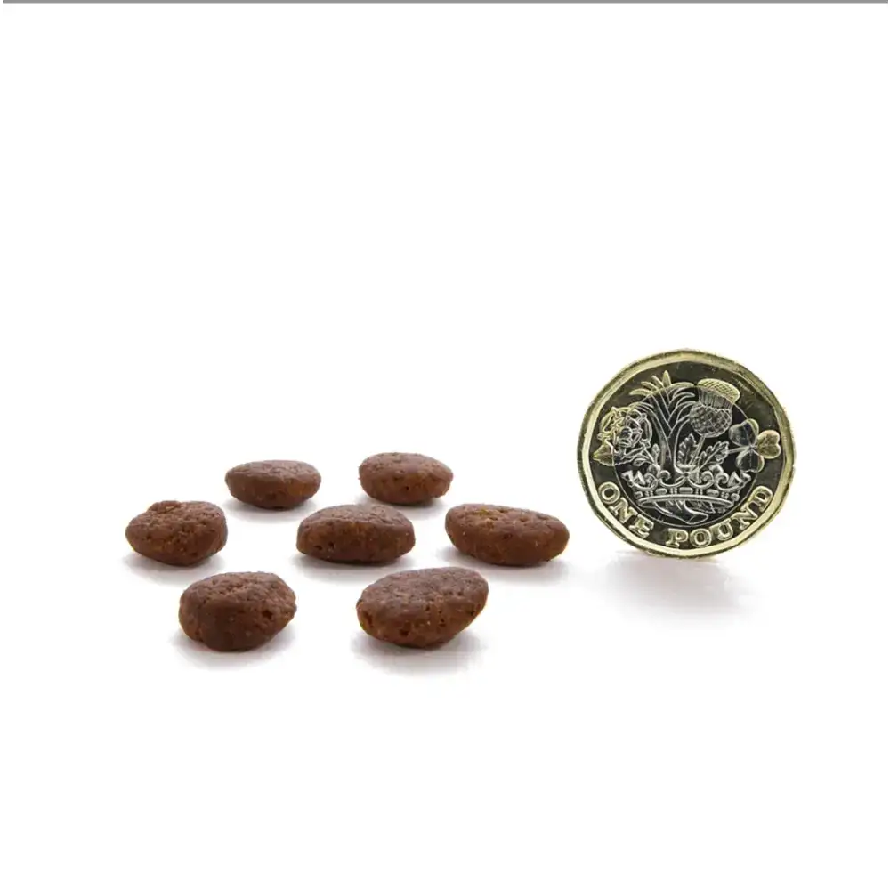 Chocolate-colored pet treats with a textured surface, resembling small round cookies or biscuits.