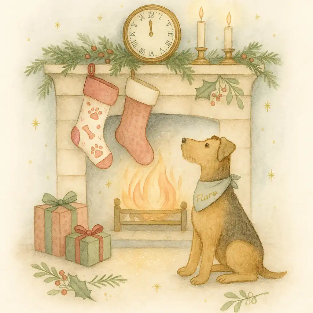 Christmas stocking with paw prints and hearts, pink material.