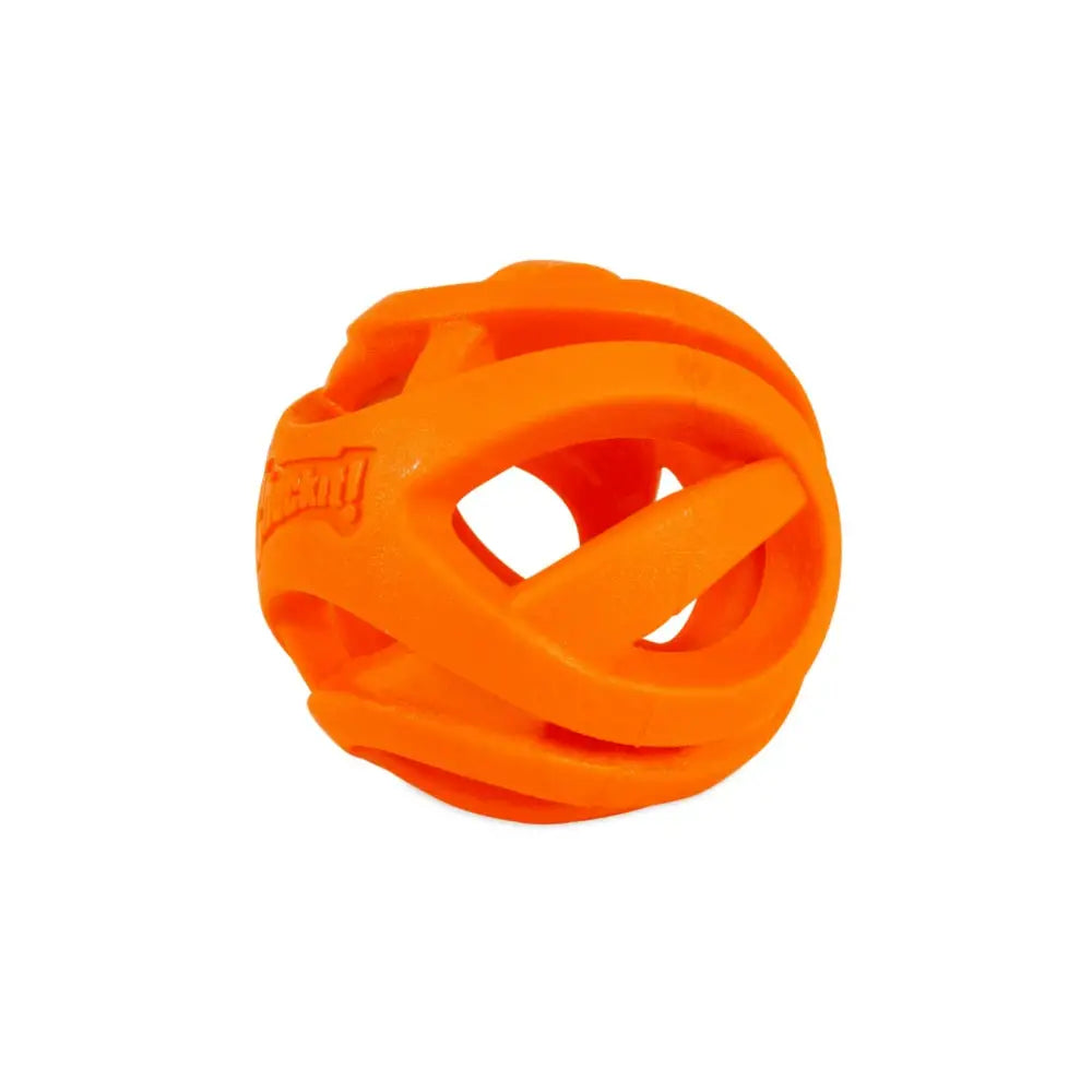 Orange rubber fetch ball with mesh-like design and logo for Chuckit! Air Fetch Ball