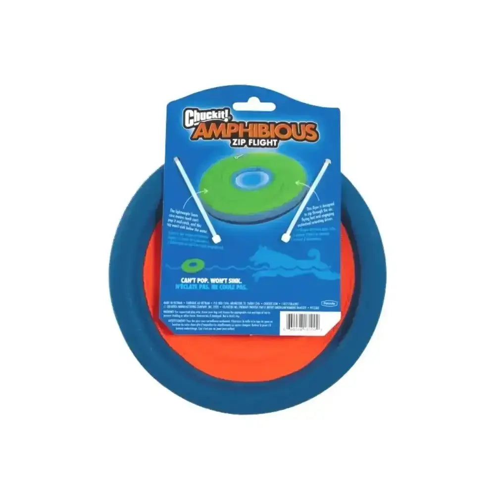 Chuckit! Amphibious Zipflight: Blue orange frisbee with green accents, lightweight polyester canvas design, ziplight floats