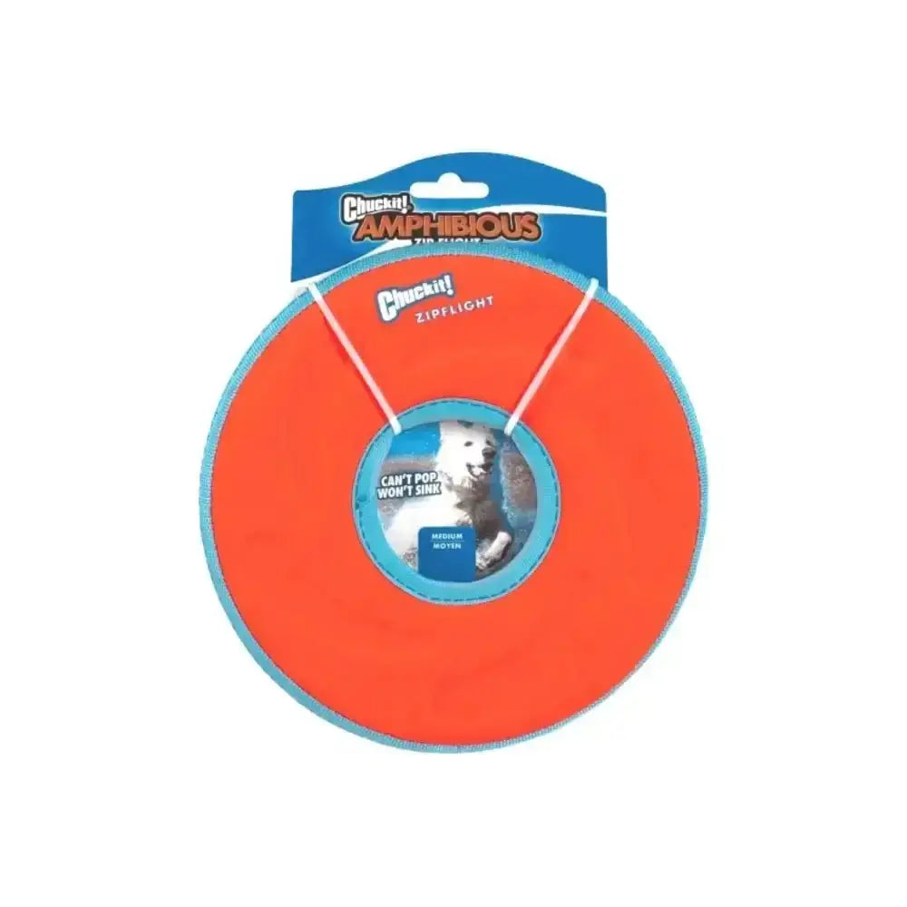Chuckit! Amphibious Zipflight orange frisbee with blue trim, lightweight polyester canvas, ziplight floats