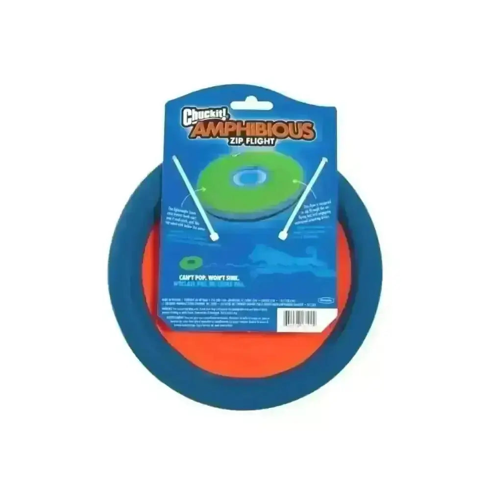 Chuckit! Amphibious Zipflight: Blue orange frisbee with green accents, lightweight polyester canvas design, ziplight floats