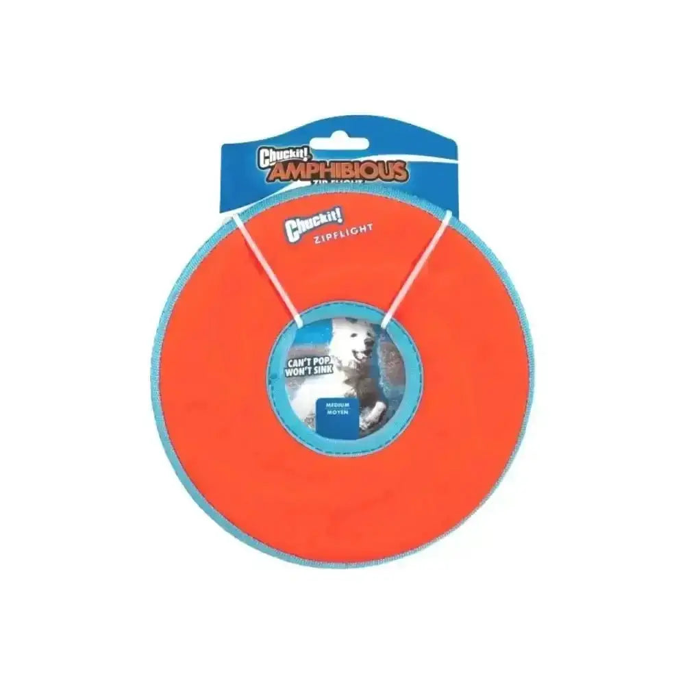 Chuckit! Amphibious Zipflight orange frisbee with blue trim, lightweight polyester canvas, ziplight floats