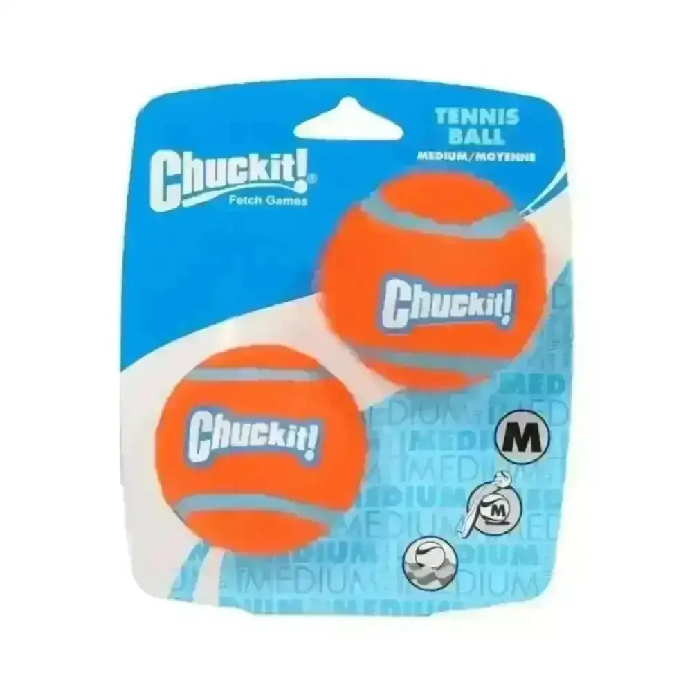 Chuckit! Medium Tennis Ball in orange with blue stripes and white logo