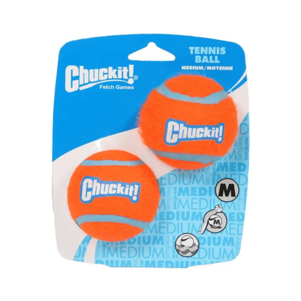 Chuckit! Medium Tennis Ball in orange with blue stripes and white logo
