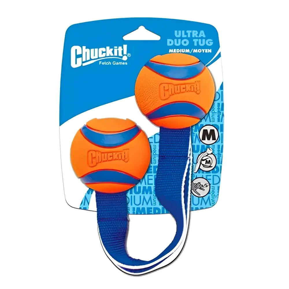 Chuckit! Ultra Duo Tug medium fetch toy in orange and blue rubber with white handle