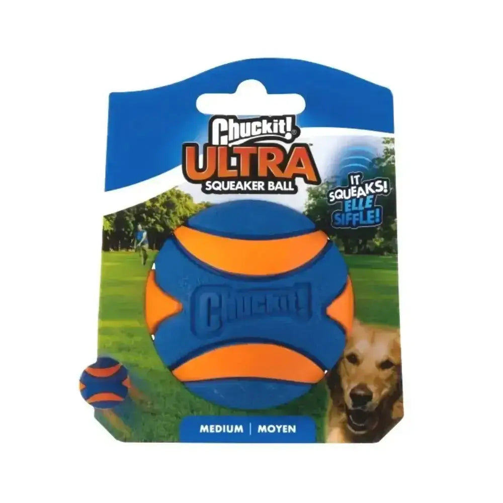 Chuckit! Ultra Squeaker medium blue orange ball with secure grip