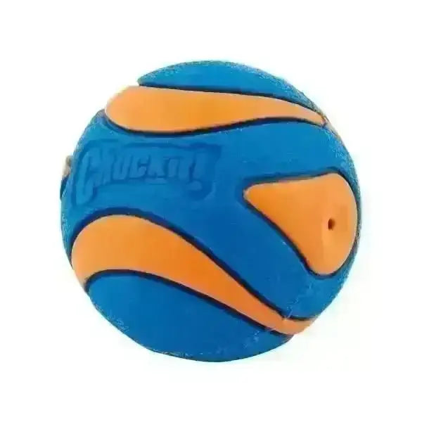 Chuckit! Ultra Squeaker ball in blue and orange with textured surface for secure grip