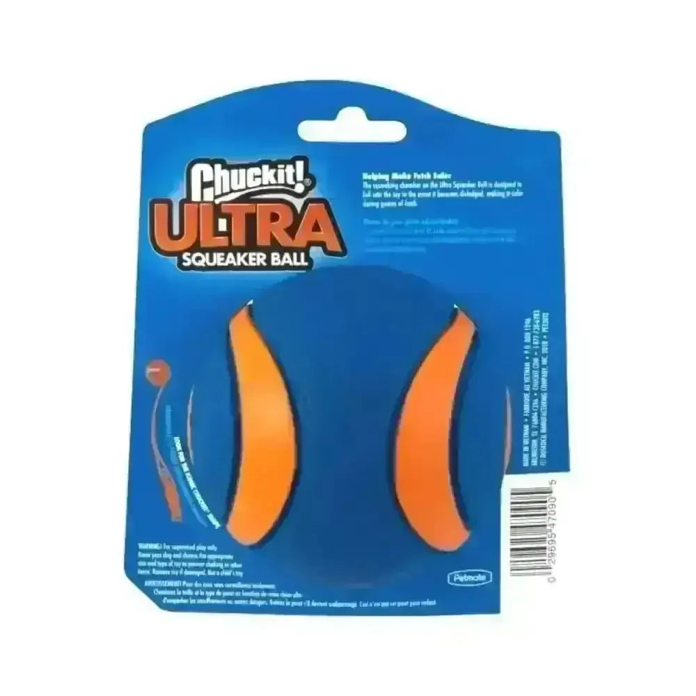Chuckit! Ultra Squeaker Ball in orange and black with secure grip