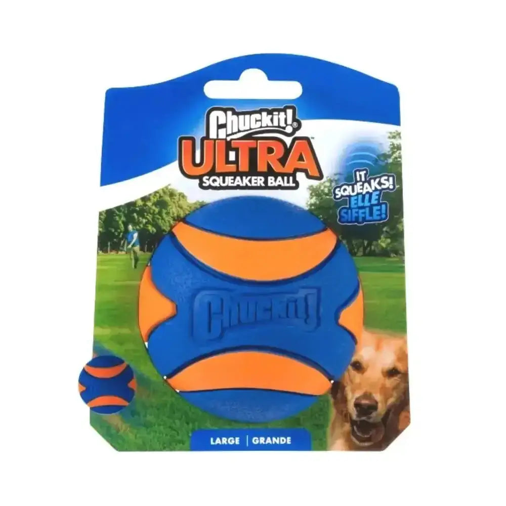 Large Chuckit! Ultra Squeaker Ball in blue and orange with textured surface for secure grip