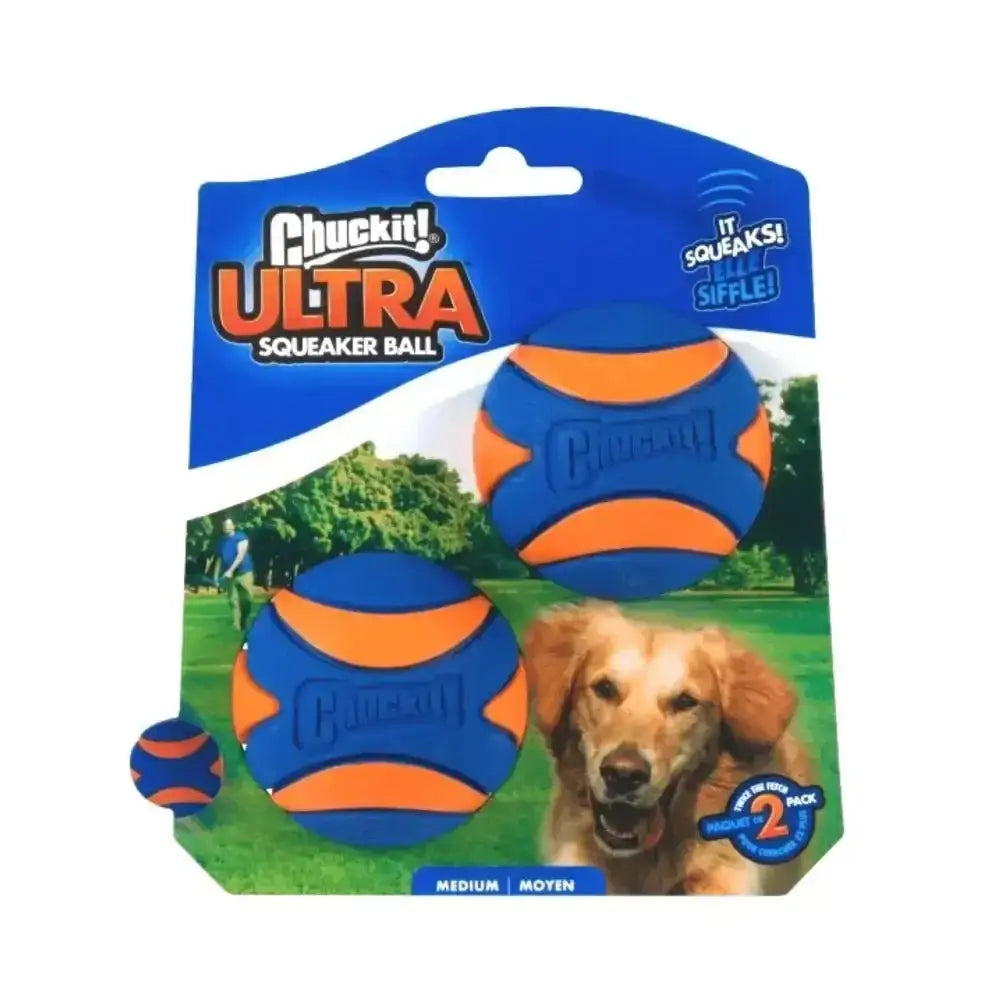 Chuckit! Ultra Squeaker medium blue orange ball with secure grip