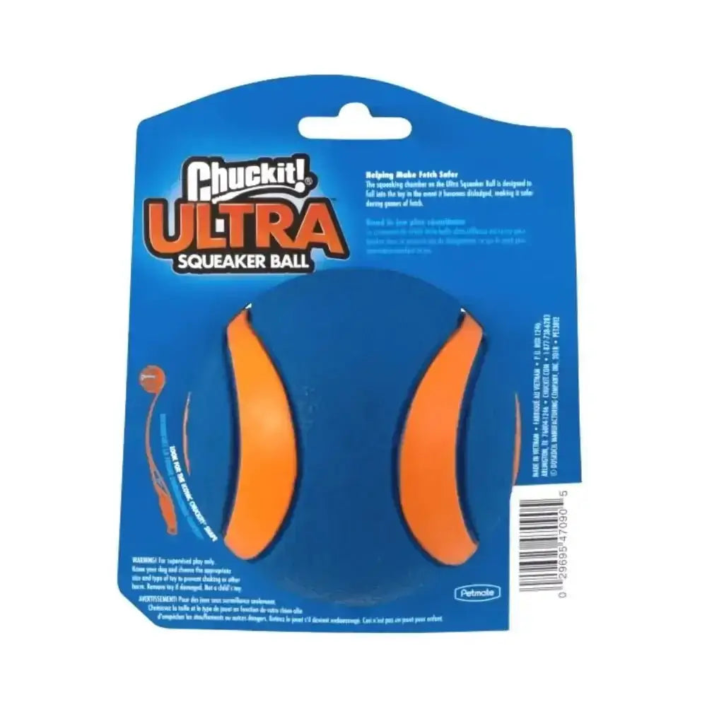 Chuckit! Ultra Squeaker orange blue ball with textured surface for secure grip