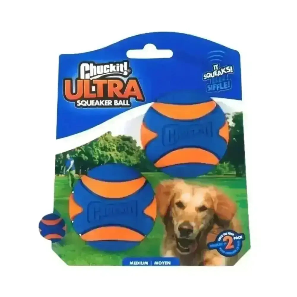 Chuckit! Ultra Squeaker medium blue orange ball with secure grip