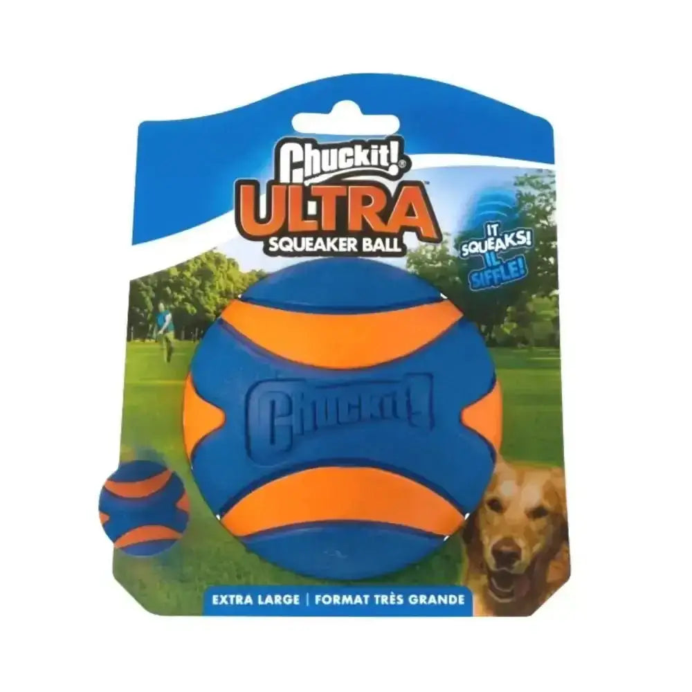 Chuckit! Ultra Squeaker extra large blue orange ball with secure grip