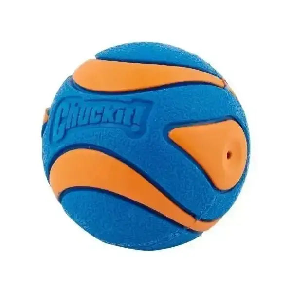 Chuckit! Ultra Squeaker ball in blue and orange with textured surface for secure grip