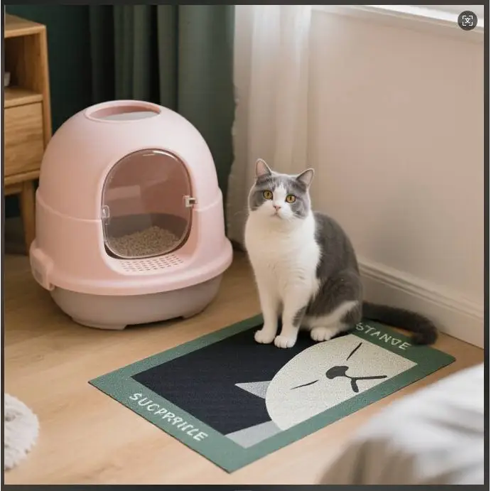 Cococat Coil Cat Litter Mat with pink dome litter box and clear front