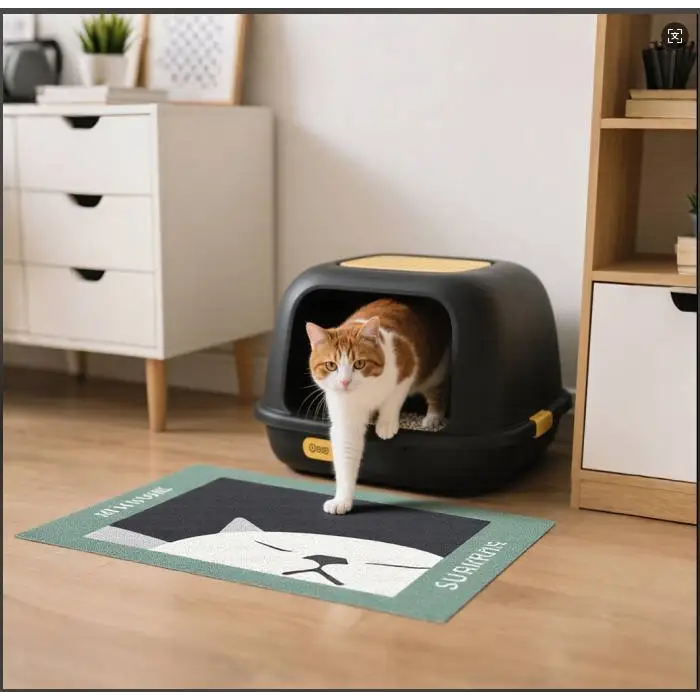 Cococat Coil Cat litter mat with black box, wooden top, yellow accents