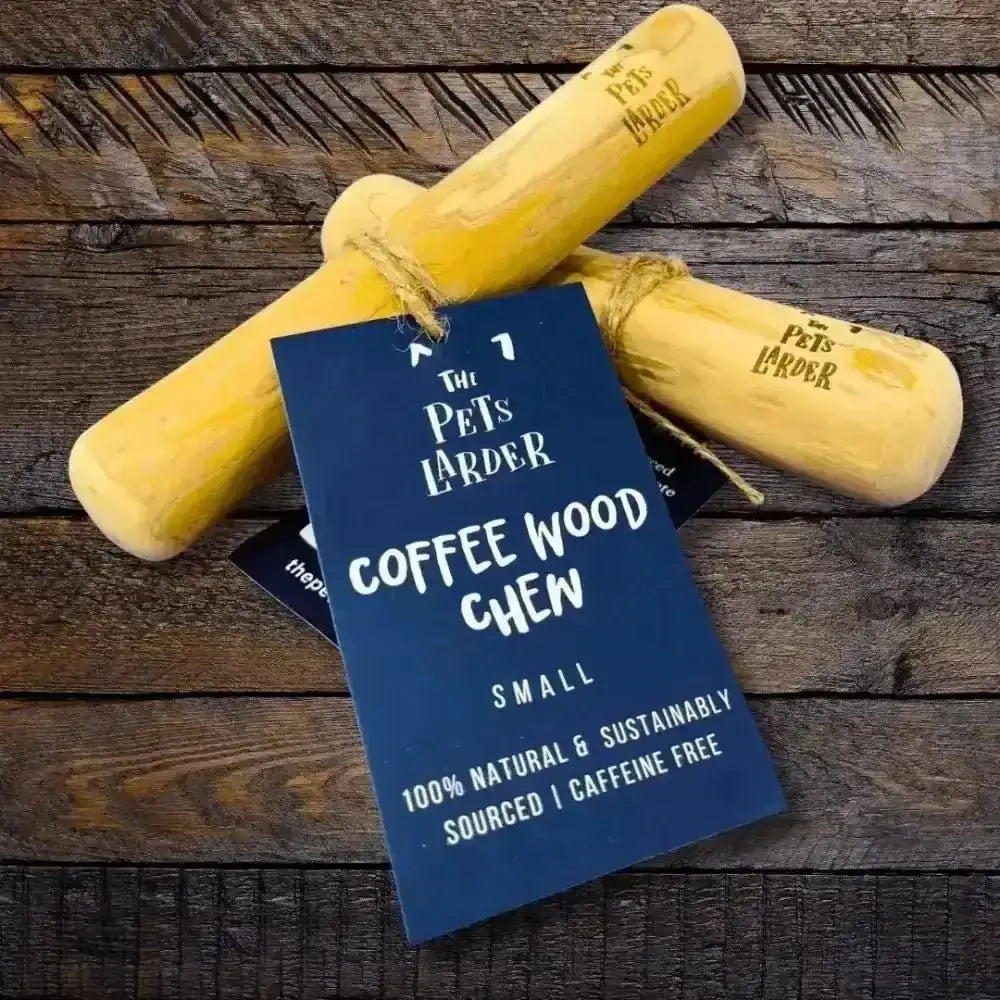 Small coffee wood dog chews, 100% natural, sustainably sourced, caffeine-free