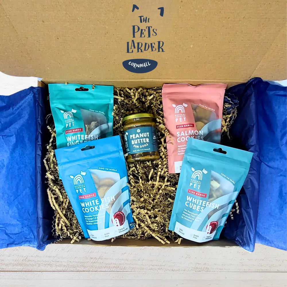 Whitefish cubes dog treats bag with blue and pink accents for Cornish Dog Treats Bundle