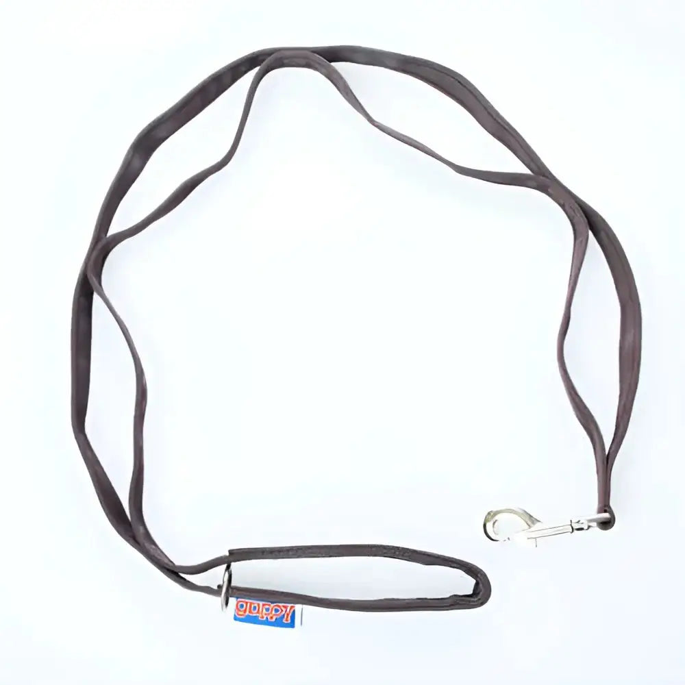 Cornish Grippy Lead: loop mountain brown dog lead with black leather, silver hardware, red tag