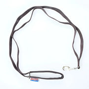 Cornish Grippy Lead: loop mountain brown dog lead with black leather, silver hardware, red tag