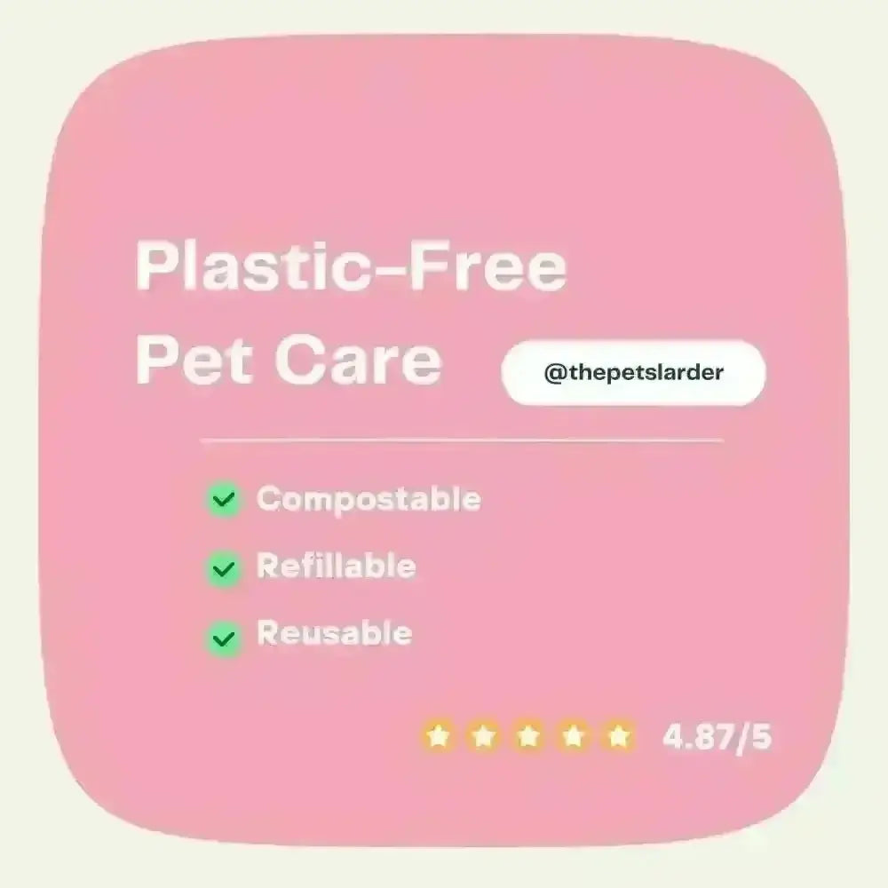 Pink plastic-free pet care sign highlighting compostable, refillable features for kaolin clay for dogs’ digestive health