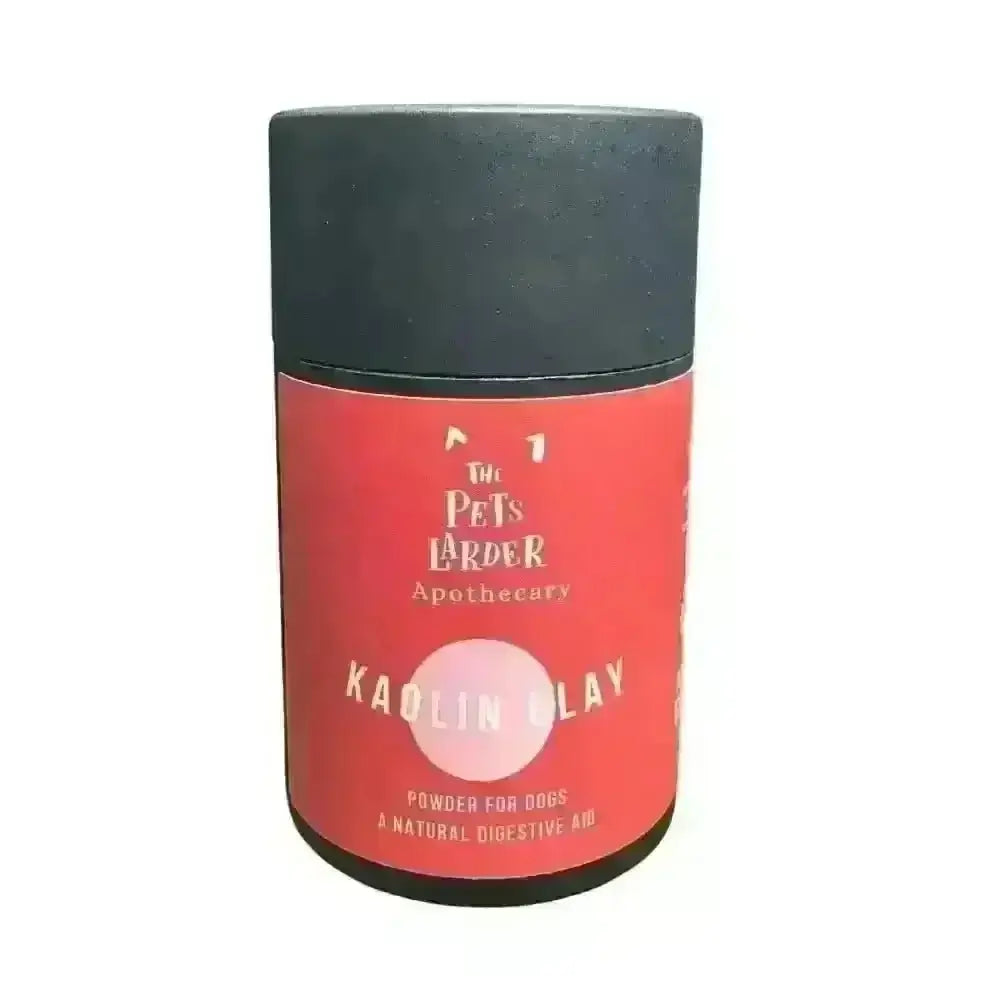 Red kaolin clay powder container with black lid for dog digestive health remedy