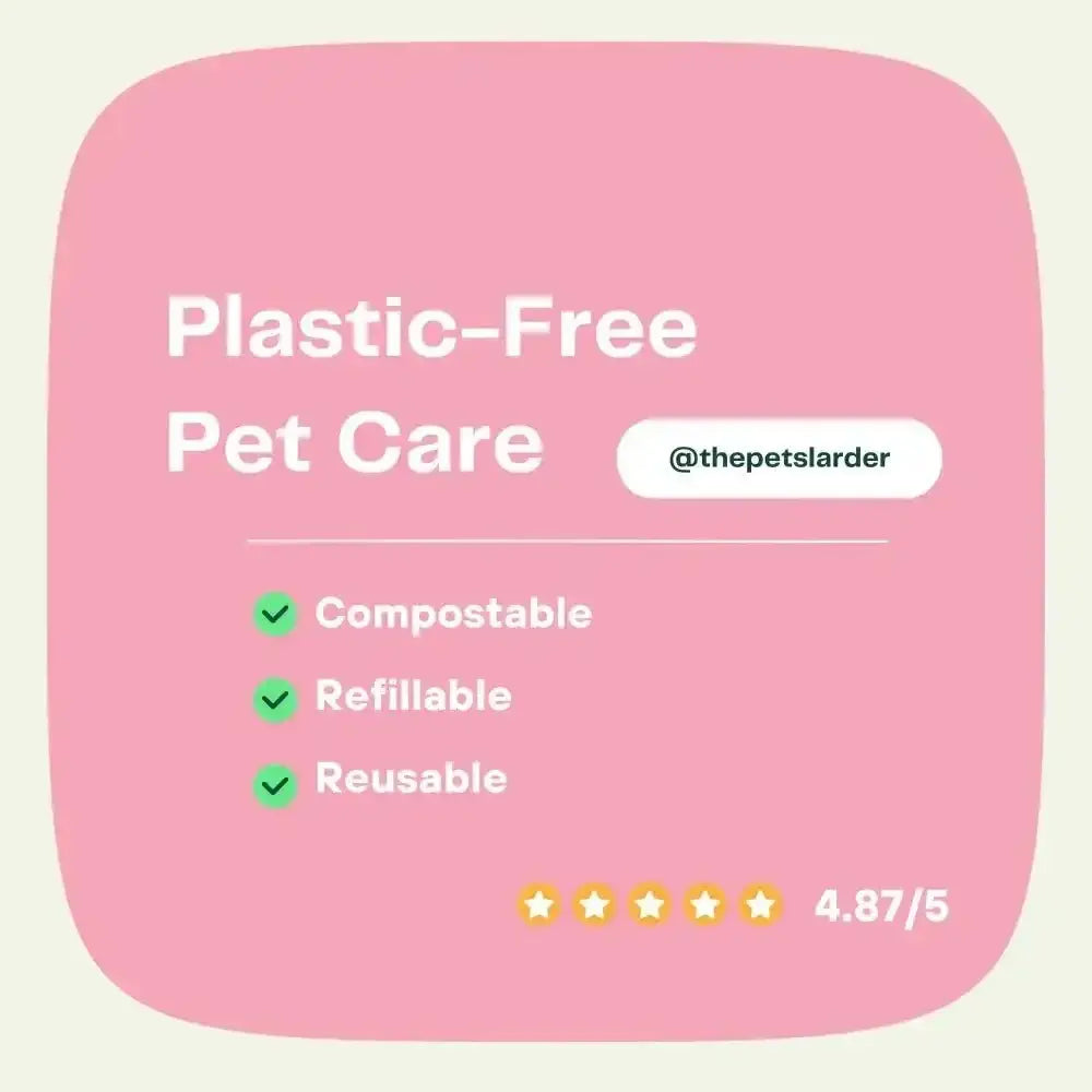 Pink plastic-free pet care sign highlighting compostable, refillable features for kaolin clay for dogs’ digestive health