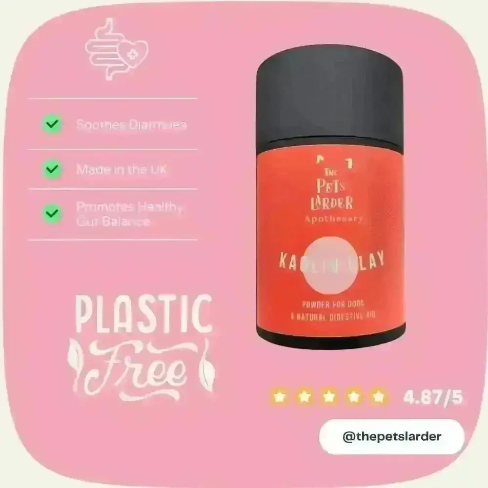 Red clay digestive powder for dogs in natural, plastic-free packaging promoting digestive health