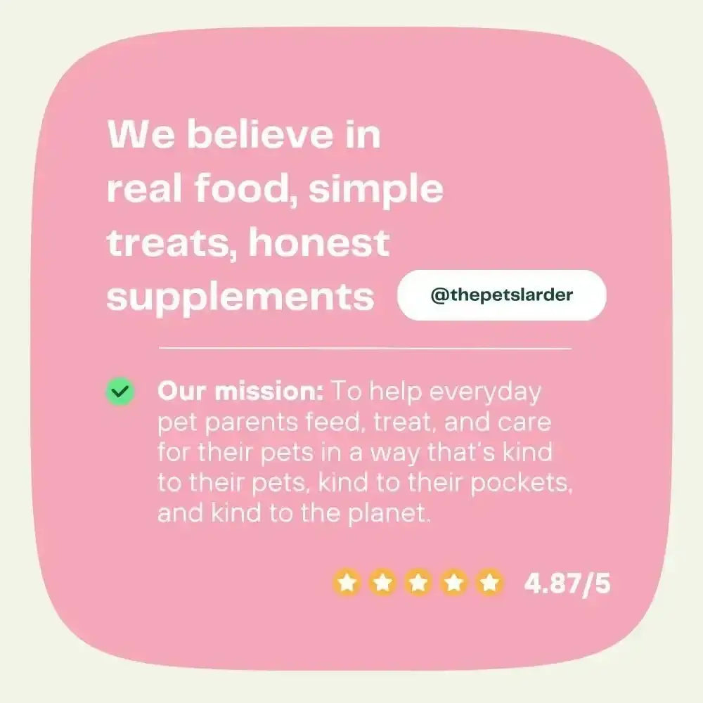 Pink pet food label with green checkmark and star rating for Cornish Kaolin Clay for Dogs digestive health