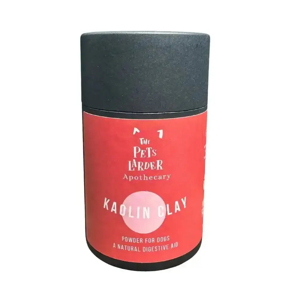 Red kaolin clay powder container with black lid for dog digestive health remedy